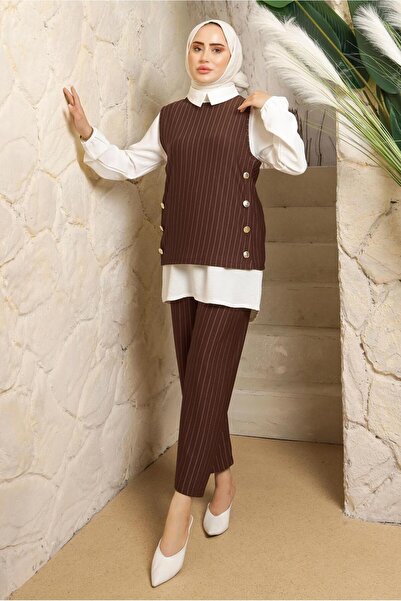 TRENDTESETTÜR Women's Brown Striped Triple Yel Vest Set Kim t 5443
