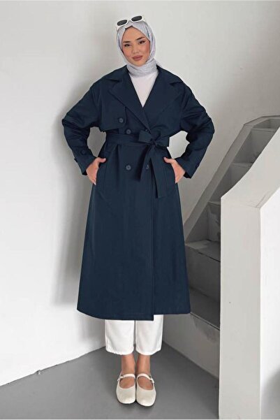 TRENDTESETTÜR Women's Navy Blue Belted Trench Coat t 78852