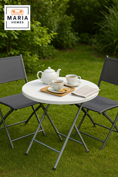 MARIA HOMES طاولة بيضاء قابلة للطي، طاولة مستديرة محمولة للشرفة والحديقة والفناء والاستخدام الداخلي، مقاس 61×75 سم