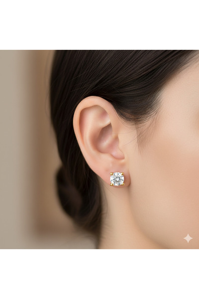 XSilver Gümüş Altın Yaldızlı Zirkon Taşlı Pırlanta Montürlü 5mm Tek Taş Küpe