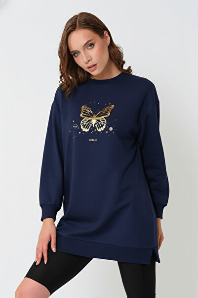 Avones Tunică damă oversize cu 2 fire cu imprimeu fluture albastru bleumarin