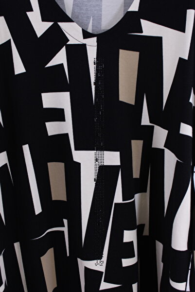 YXL COLLECTION Women's Plus Size V Neck Stone Print Long Sleeve Patterned Mother Combed Cotton Blouse