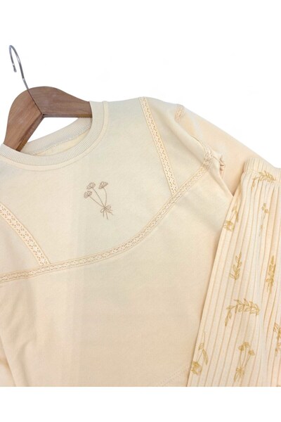 Ege Bebek Girl's Flower Embroidered, Wide Leg Leggings, Seasonal 2-3-4-5-6 Years Old Stylish Girl's Set