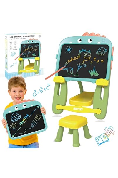 indiggo CuteDino Indiggo® Kids Easel, Dust-Free LCD Board, Chair Included, Adjustable, Green/Yellow