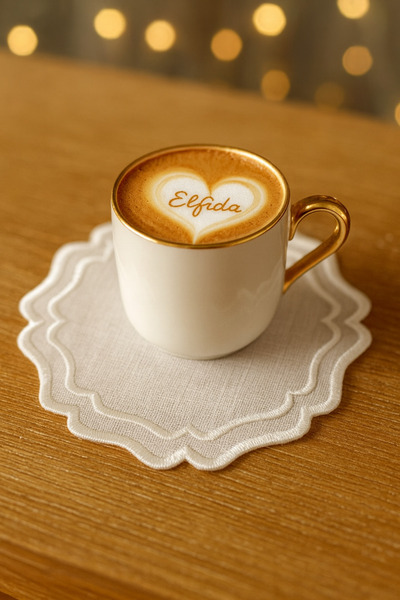 ELFİDA Luxury Cocktail and Coffee Side Embroidered Decorative Coaster Presentation Napkin Oval White (2 Pieces)