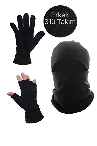 Mrey Erkek Siyah Kışlık Termal Polar Kesik Parmak & Eldiven Kar Maskesi Motorcu Kask Balaclava 3'lü Set