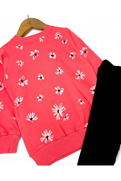 Ege Bebek Girls Seasonal 2-3-4-5-6-7-8-9-10 Years Old Ribbed Leggings Floral Printed Tracksuit Set