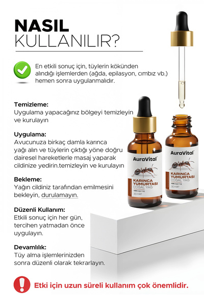 AuraVital Karınca Yumurtası Yağı 30 Ml %100 Doğal – Tüy Azaltıcı, Epilasyon Sonrası Cilt Bakım Yağı