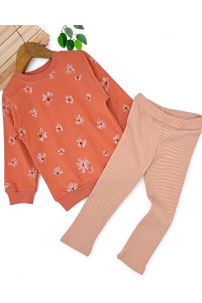Ege Bebek Girls Seasonal 2-3-4-5-6-7-8-9-10 Years Old Ribbed Leggings Floral Printed Tracksuit Set