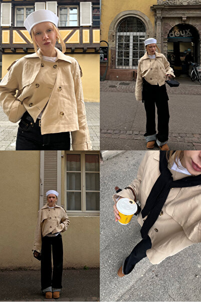 Quzu Double Button Double Breasted Collar Short Trench Coat Beige