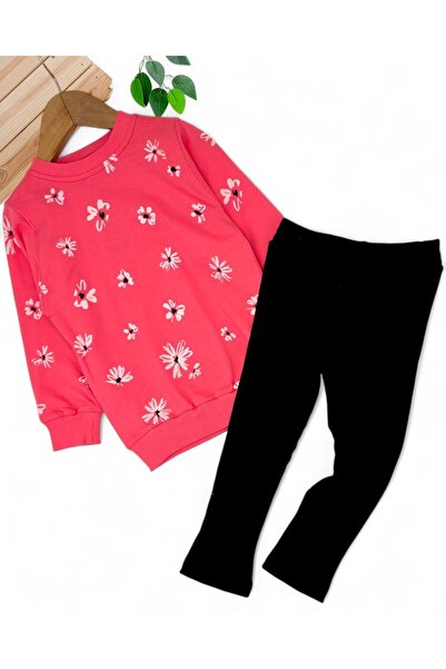 Ege Bebek Girls Seasonal 2-3-4-5-6-7-8-9-10 Years Old Ribbed Leggings Floral Printed Tracksuit Set