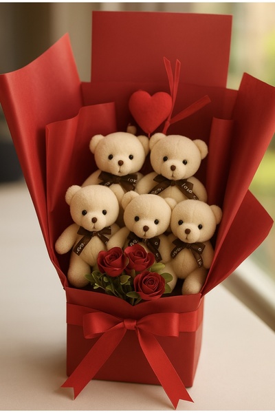 marimari Pelus Ayicik Buketi ve kırmızı kadife güllü Yildönümü Dogum Gününe Ö...