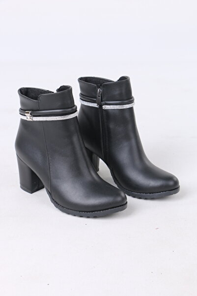 Weynes Siyah Deri Kadın Bilek Simli 7 Cm Topuklu Bot Botie Wsb10110