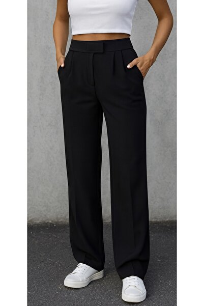 BELVİNA Siyah Likralı Plazzo Kumaş Pantolon Cırt Kapamalı Rahat Kesim