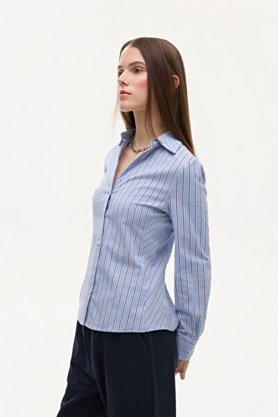 Quzu Çizgili Vücuda Oturan Klasik Gömlek Mavi