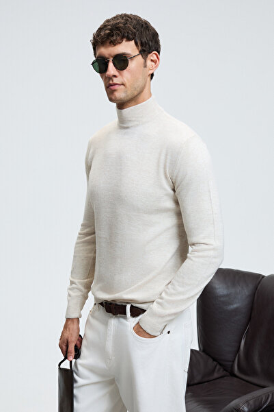 GRIMELANGE Rebel Men's Half Turtleneck Basic Slim Fit Knitwear Beige Sweater