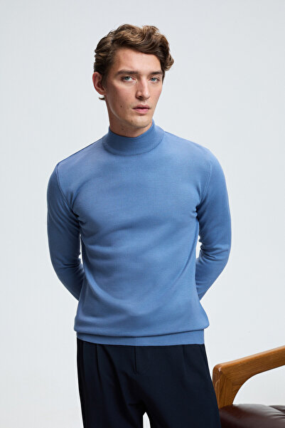 GRIMELANGE REBEL Мъжки пуловер с половин цип, базов, прилепнал крой, плетен, син