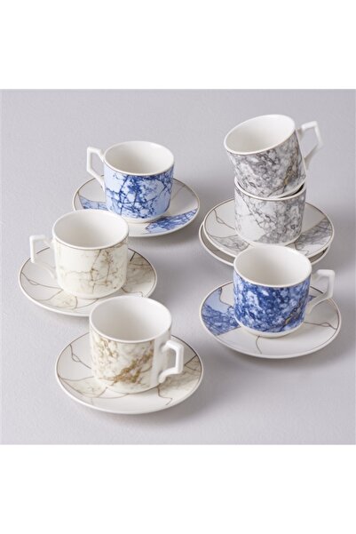 Linens Josie Porselen 6'lı 100 ml Kahve Fincan Takımı Vizon-Gri-Mavi