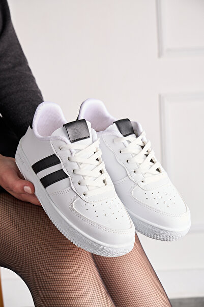 Nstil Günlük Unisex Beyaz Siyah Spor Ayakkabı Bağcıklı Dikiş Detaylı Hafif Kalın Yüksek Taban Sneaker 4005