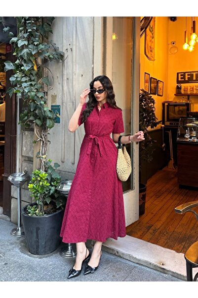 PİNK FLY Imported Cotton Fisto Flower Patterned Lined Dress with Pocket and Belt Detail