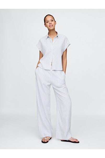 GAP Kadın Açık Mavi Keten Karışımlı Easy Wide Leg Pantolon