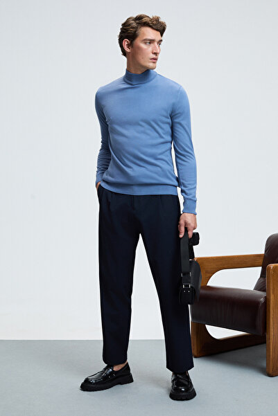 GRIMELANGE REBEL Мъжки пуловер с половин цип, базов, прилепнал крой, плетен, син