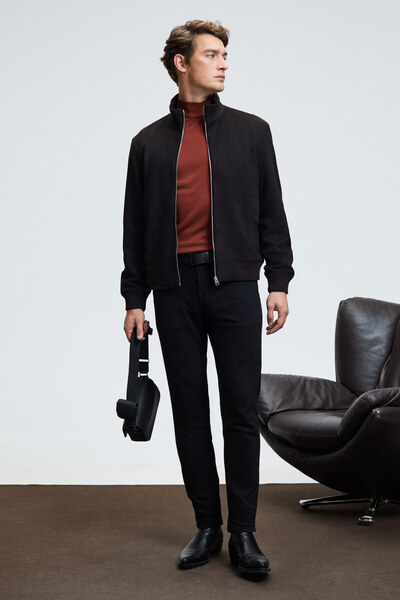 GRIMELANGE Ανδρικό πουλόβερ με μισό ζιβάγκο REBEL Basic Slim Fit Πλεκτό Πουλόβερ σε χρώμα πλακάκι