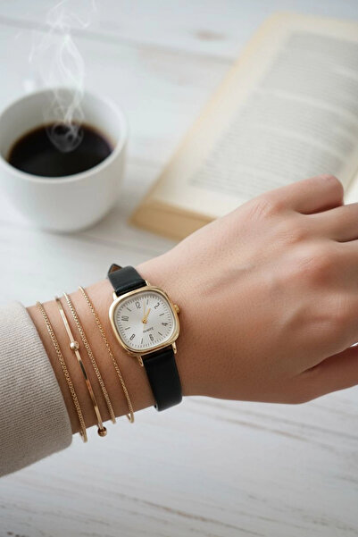 MİLABELLA Jade Siyah Retro Deri Kordonlu Kare Minimal Kadın Kol Saati