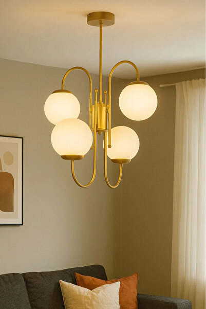 Modavize Rüya Modern Tasarım Salon Yemek Odası Mutfak Eskitme Renk Beyaz Camlı Sarkıt 4 Lü Avize