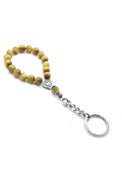 Tesbihane سلسلة مفاتيح من الفولاذ المقاوم للصدأ مصنوعة من الحجر الطبيعي على شكل عين النمر باللون الأصفر