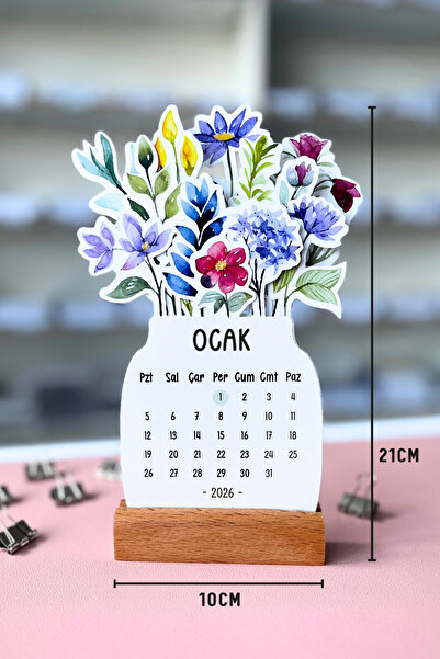 Eldesen Tasarım Çiçekli 2026 Yılı Aylık Masa Takvimi Orta Boy / Resmi Tatiller ve Hafta Sonları