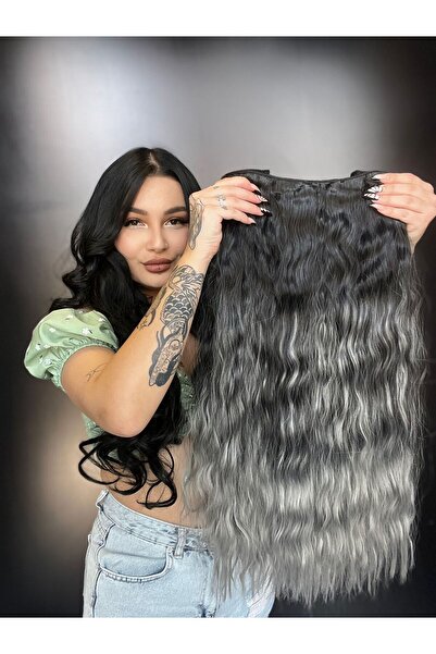 Suzan Peruk Afro Dalgalı Yarım Ay Çıt Çıt - Siyah Gri