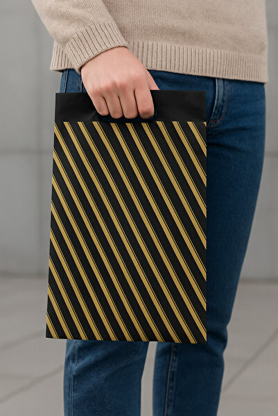 YOK YOK AMBALAJ Takviyeli Diagonal El Geçme Mağaza Poşeti 50 Adet 33 X 45 Cm Şerit Desenli Alışveriş Poşeti