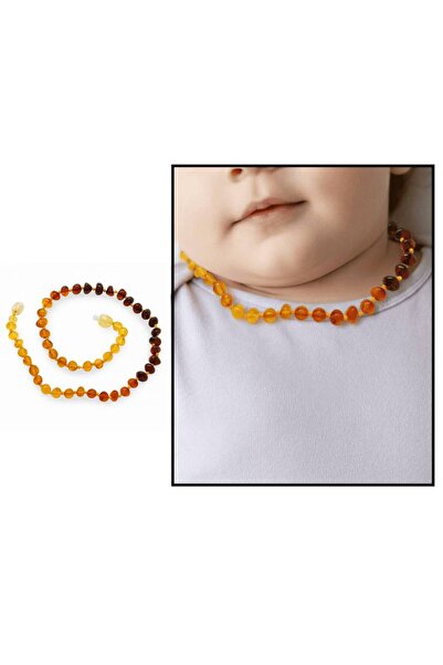 Tesbihane Gökkuşağı Renkli Orijinal Damla Kehribar Taşlı Çocuk Diş Kolyesi