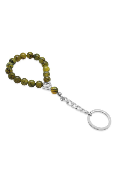 Tesbihane Damarlı Yosun Akik Doğaltaş Çelik Kombinli Tesbih Anahtarlık