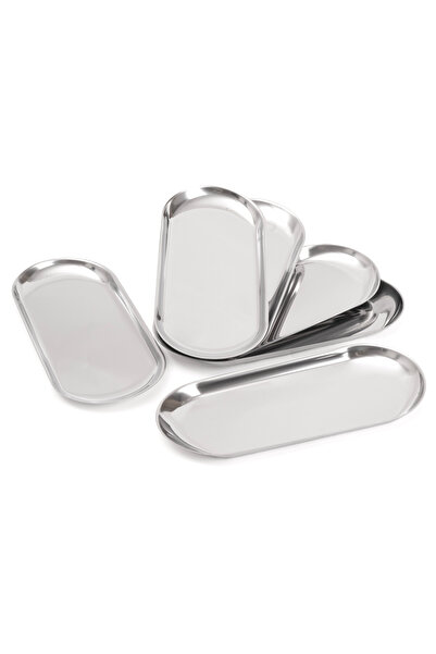 farklı evim Silver Stainless Steel Boat Presentation Plate Set, 6 Pieces Mega Size 30X12 cm