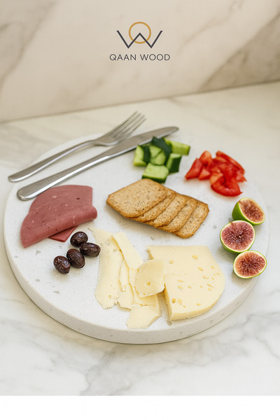 QAAN WOODS Şarküteri Tabağı, El Yapımı Mermer 29 cm, Şık Sunum Tepsisi ve Modern Servis Standı, Organizer