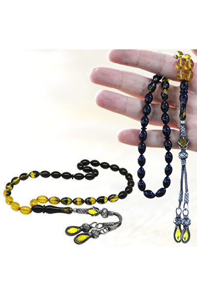 Tesbihane 1000 Ayar Gümüş Çift Kazaz Püsküllü Arpa Kesim Süzme Sarı Siyah Ate...