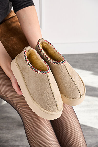 Nstil Günlük Kadın Bej Bot Desenli Yüksek Kalın Taban Içi Kürklü Süet Kısa Bootie Hafif U50