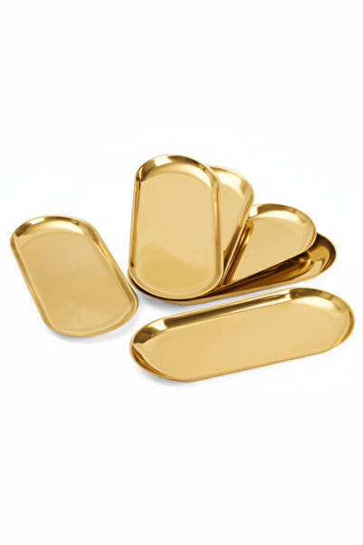 farklı evim Gold Stainless Steel Boat Presentation Plate Set Snack Plate Mezelik Sauce Bowl, 6 Pieces Mega Size 30X12 cm