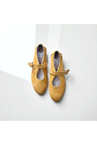 NE&VE SHOES Mustard Suede Genuine Leather Buckle Women's Ballerinas