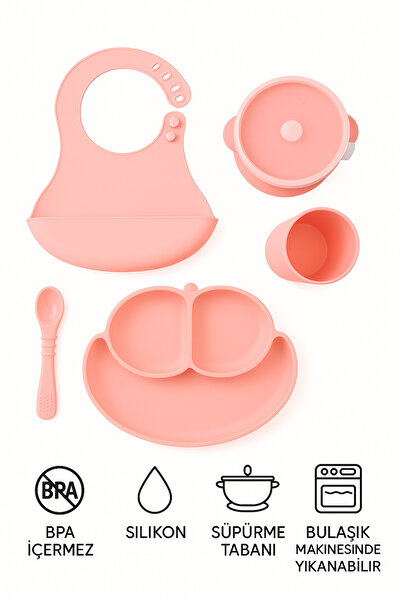 CKM silikon طقم تغذية أطفال من السيليكون مكون من 5 قطع باللون الوردي (صحن طعام مقسم، وعاء مانع للتسرب، ملعقة، كوب، مريلة)