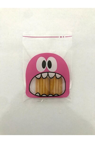 HG AMBALAJ 100 Adet 10x14 Cm Pembe Canavar Figürlü Bantlı Şeffaf Opp Jelatin Poşet, Kurabiye Poşeti