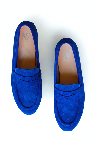 NE&VE SHOES Mavi Süet Hakiki Deri Kadın Loafer Ayakkabı