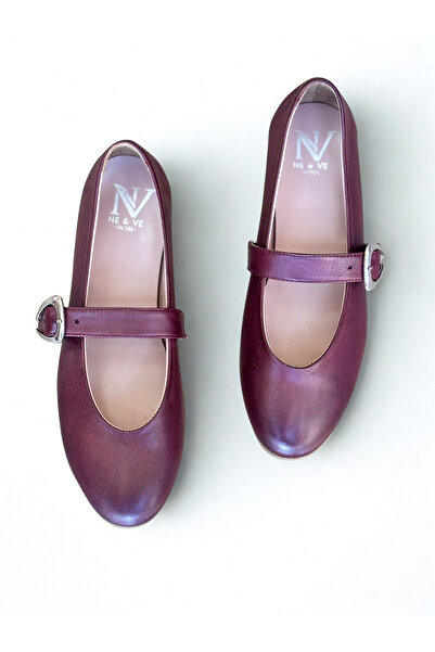 NE&VE SHOES Bordo Karartmalı Hakiki Deri Yuvarlak Burunlu Tokalı Kadın Babet