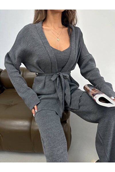 general brand Kadın Antrasit Gri Triko Üçlü Takım (Hırka-Atlet-Pantolon)