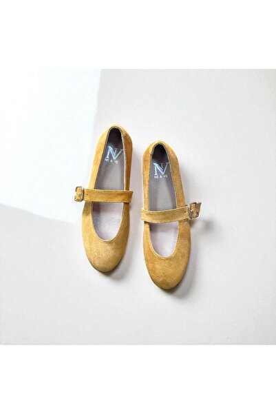 NE&VE SHOES Mustard Suede Genuine Leather Round Toe Buckle Women's Ballerinas
