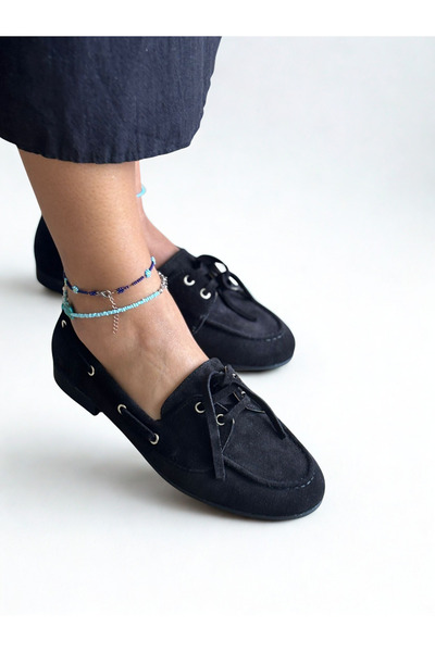 NE&VE SHOES Siyah Süet Hakiki Deri Bağcıklı Makosen Kadın Kolej Loafer