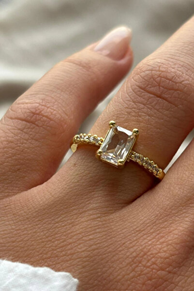 Leo'Stone Lustre Klasik Baget Kesim Taşlı Sıra Bant Tek Taş Ayarlanabilir Kadın Yüzük