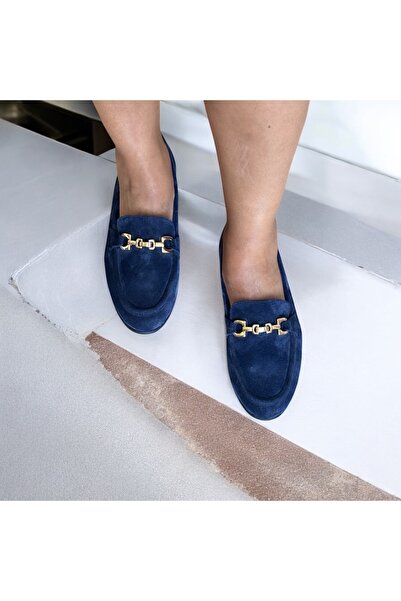NE&VE SHOES Lacivert Süet Hakiki Deri Gold Zincir Aksesuarlı Kadın Loafer Ayakkabı